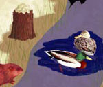 Illustration of ducks, tree stump and muskrat