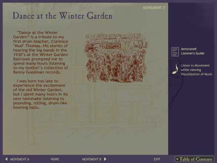 Screen shot of page about the 7th movement of The Glittering Hill (the musical composition) on the interactive CD