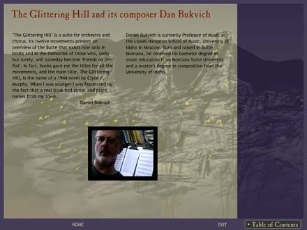 Screen shot of section about Daniel Bukvich in The Glittering Hill interactive CD