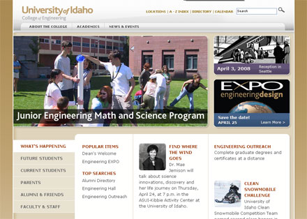 Screen shot of the University of Idaho College of Engineering web site